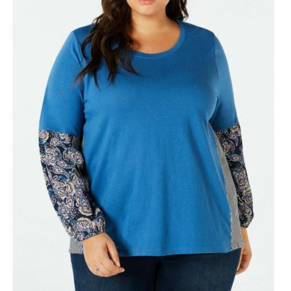 Style & Co Blue Painterly Paisley Long Sleeve Cotton Shirt Size 3X NWT